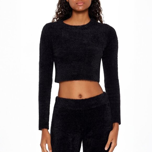 Forever 21 Women' Fuzzy Knit Cropped Long Sleeve Pullover Crew Sweater Large - Picture 1 of 6